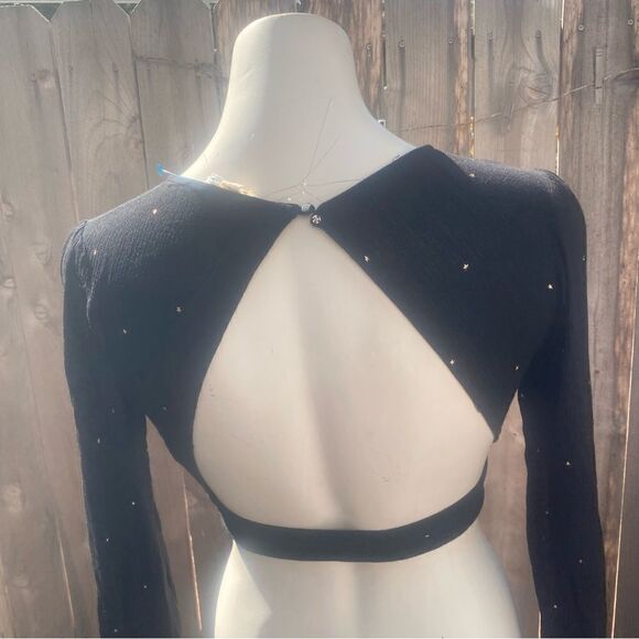 For Love & Lemons Crop Top Blouse Black Balloon Sleeves Gold Stars size small - Picture 11 of 11